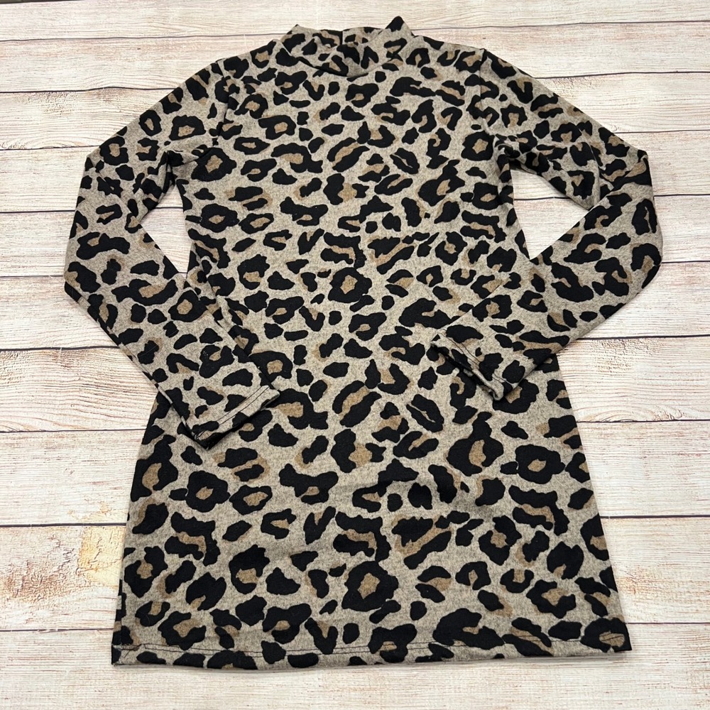 Hello Miz Leopard Print Mock Neck Long Sleeve Bodycon Mini DressTan Black‎ Small